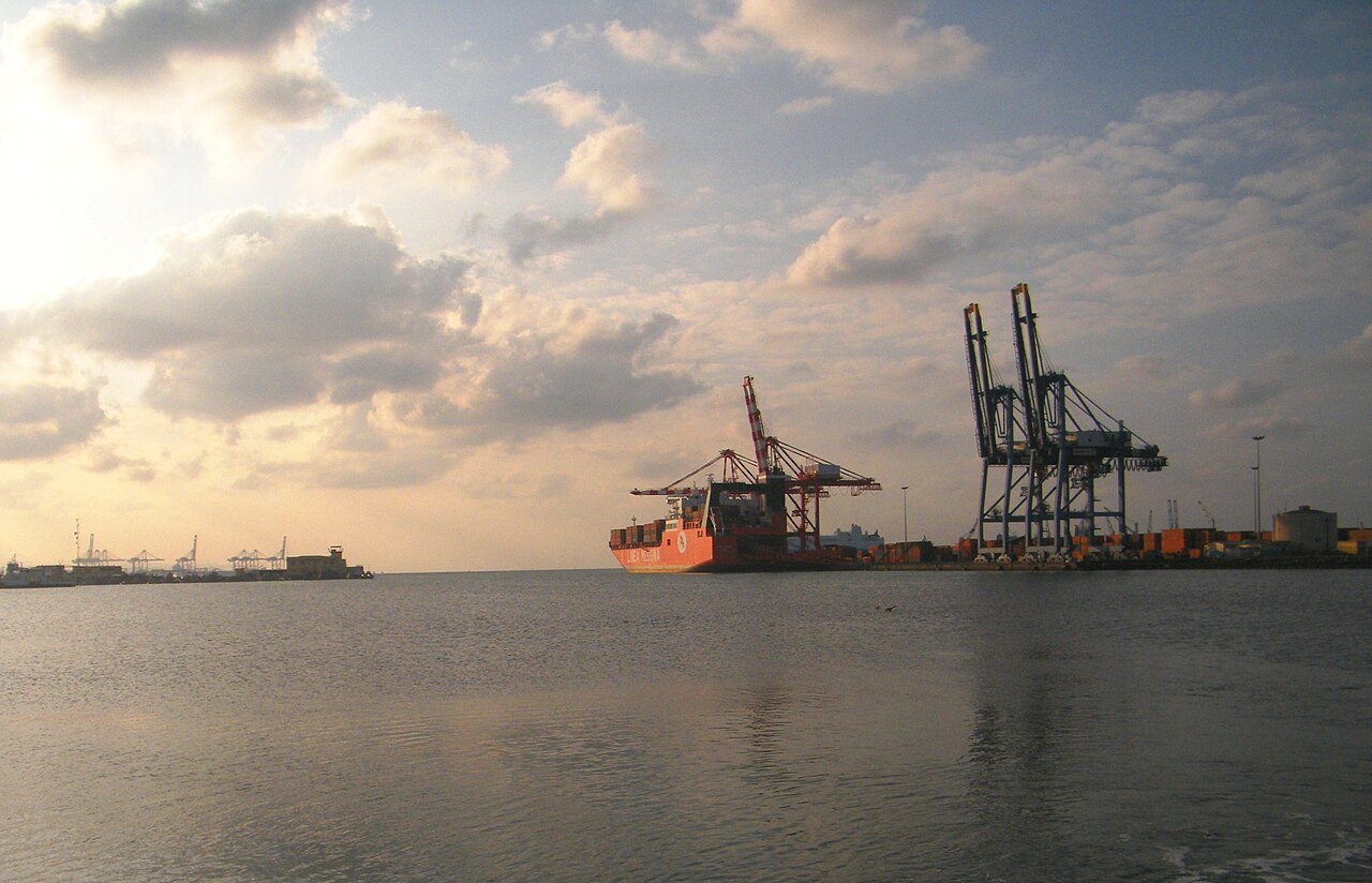Container cranes at the port of Djibouti at dusk
